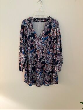 Chaps Navy Paisley V-Neck Tunic with Blue and Purple Accents